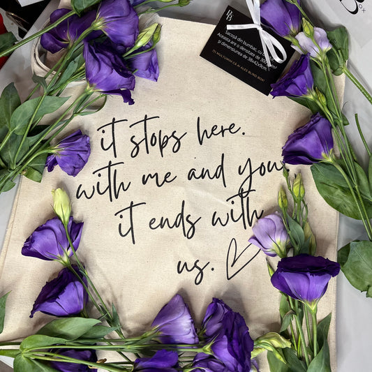 Tote bag 'it ends with us' 300 gr cu burduf